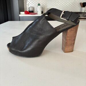 DKNYC Lillian Black Leather Ankle Strap Peep-Toe Heels